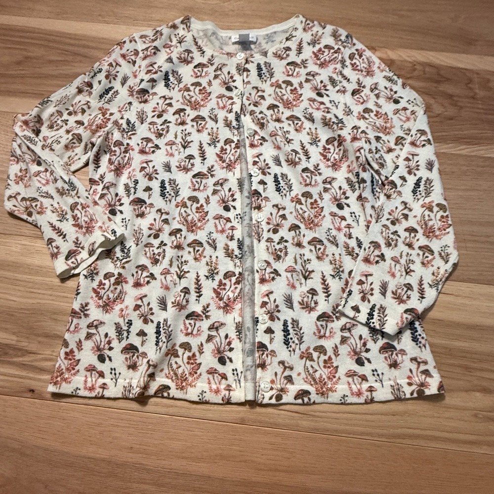 Garnet Hill Cardigan Women Small Cream Mushroom Print 100% Merino Wool Fairycore